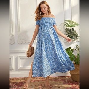 Maternity Ditsy Floral Off Shoulder Shirred Split Hem Dress